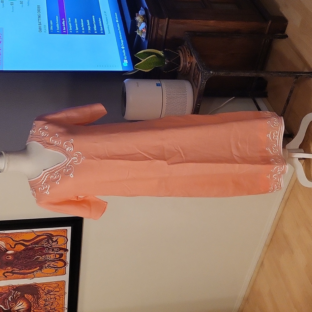 Vivid Peach 100% Linen Maxi Dress Short Sleeve Indian Inspired